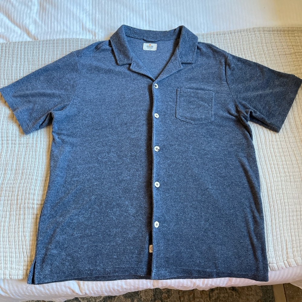Men's Marine Layer Terry Cloth Blue Short Sleeve Camp Shirt L/XL